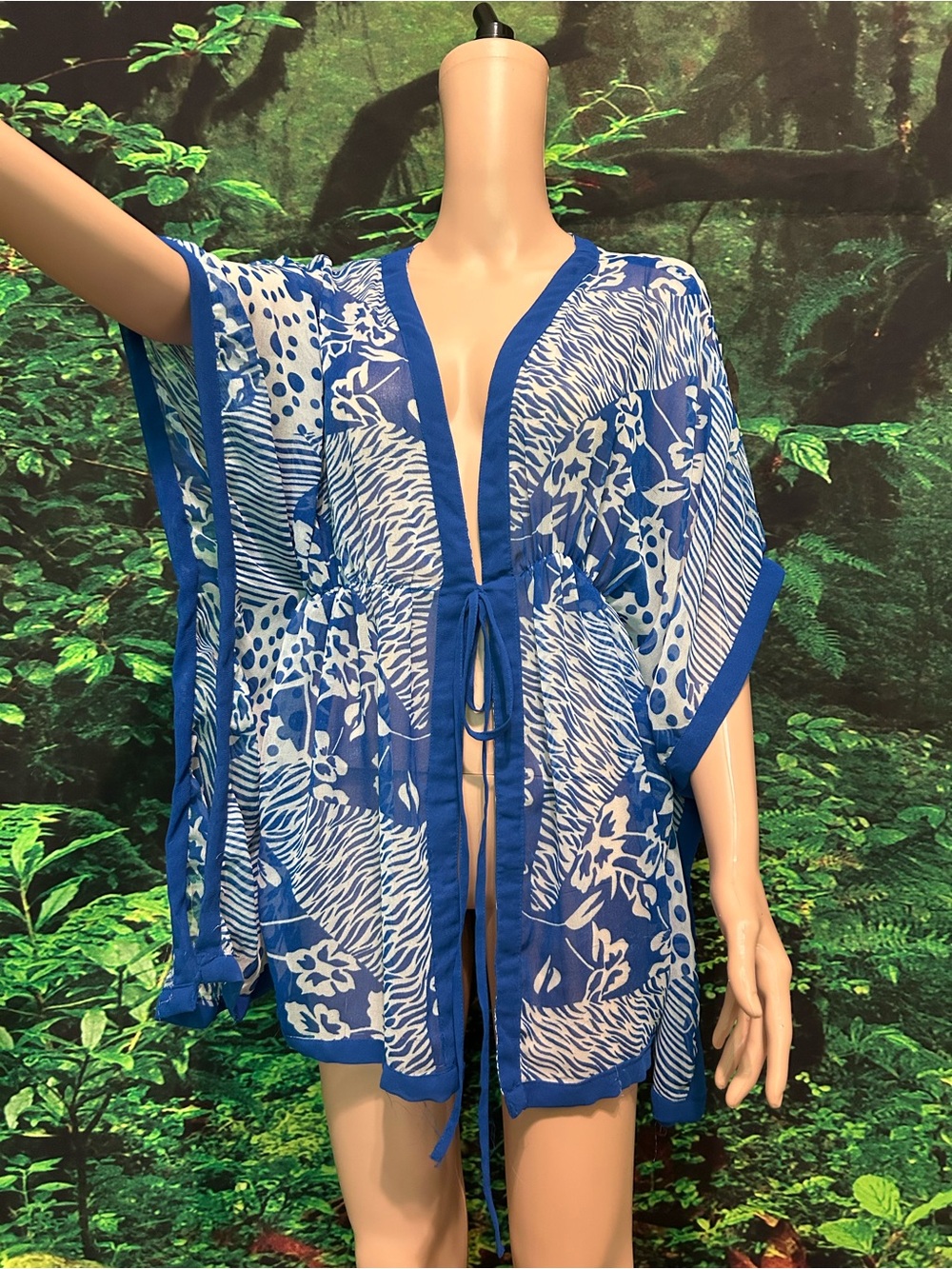 Blue & White Floral Mesh Swim Cover-Up